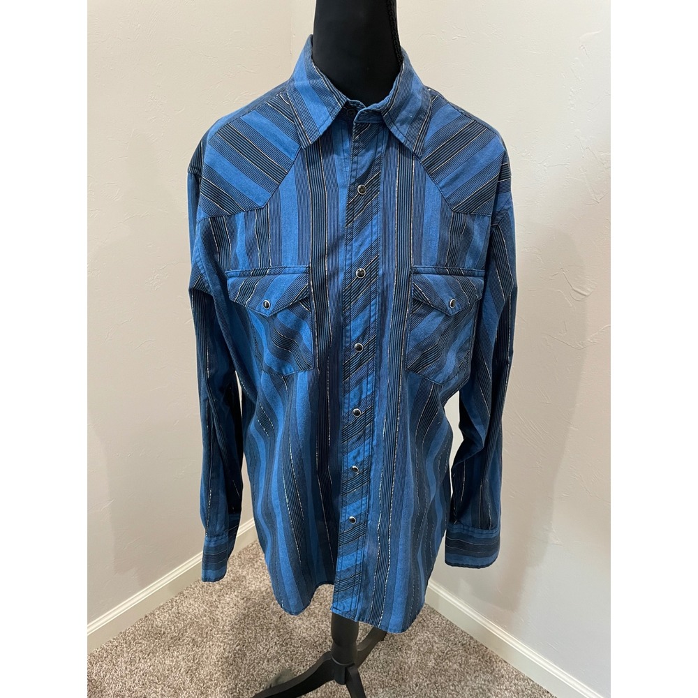 Wrangler Western Fashion Snap Shirt Blue Black Metallic Stripe WM037BL Medium